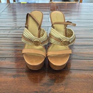 Coach Tan and Gold Platform Sandals with Wide Strap